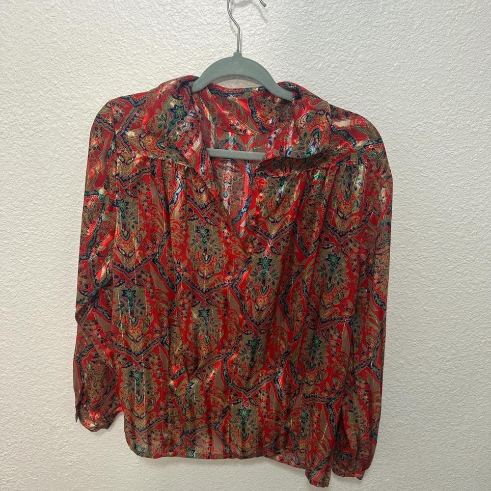 70s vintage red and green patterned flowy blouse